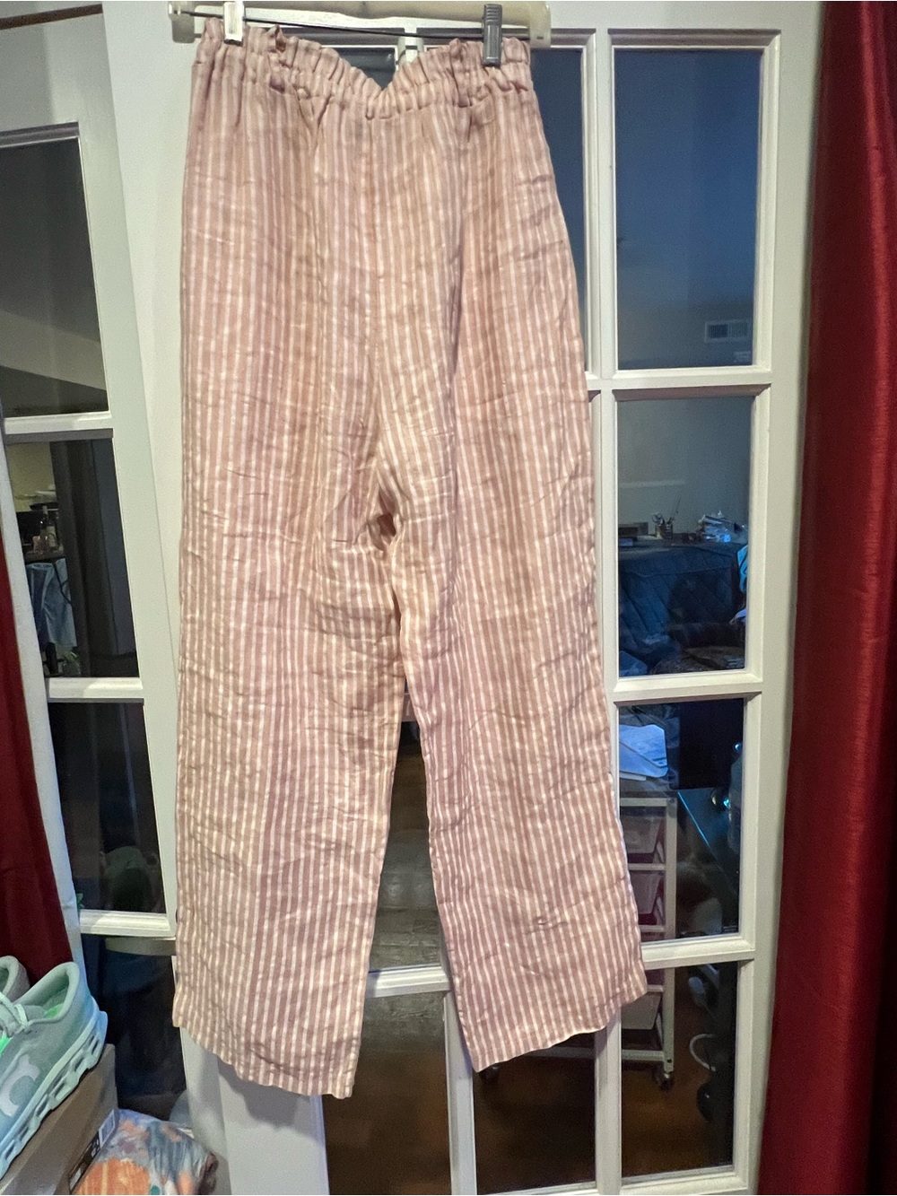 Italian linen High-Rise Pink Striped Wide-Leg Pants with Button Flap Pockets - Picture 3 of 5